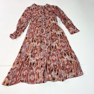 Parker Dress Womens Small Multicolor Dolce Printed Midi Button Front Long Sleeve